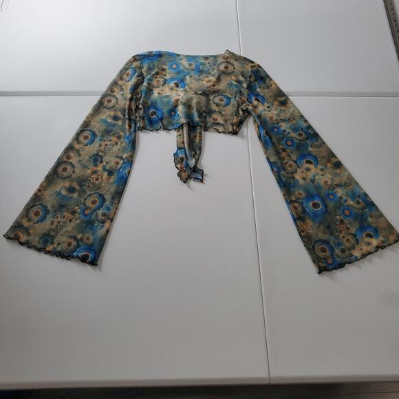 Y2L Fairy Grunge Whimsy Top Womens Small Mesh Bell Sleeve Tie Front Sheer Floral - Picture 3 of 7